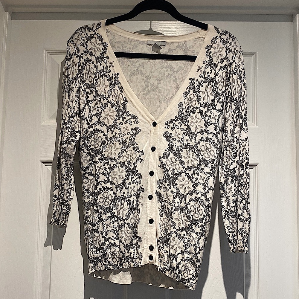 White and black v neck cardigan
